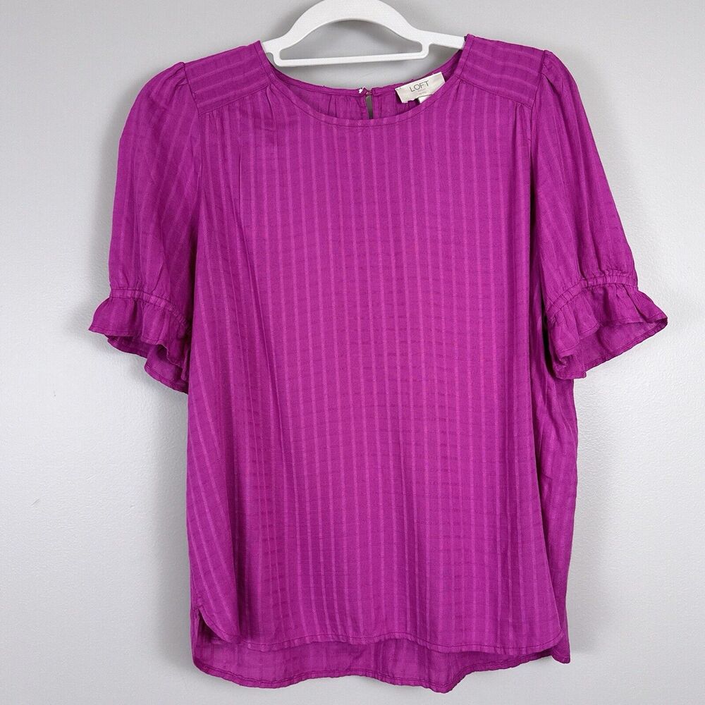 New LOFT Petites Size Medium Petite Solid Texture Puff Sleeve Top Blouse Fuchsia